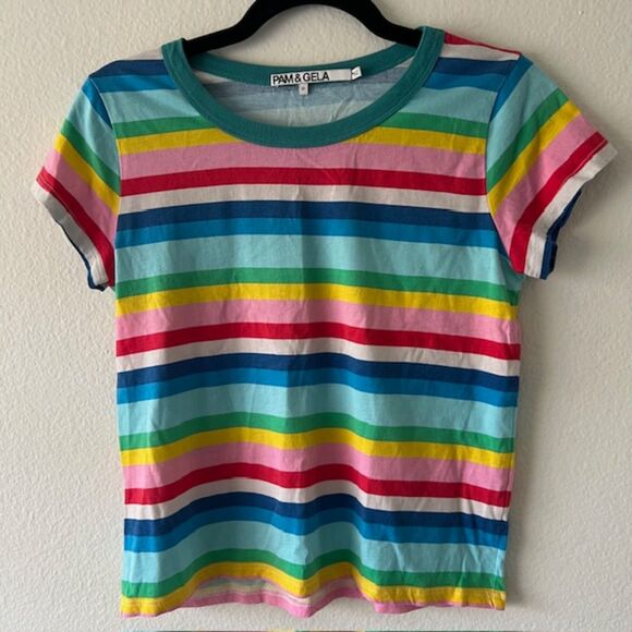 Pam & Gela Rainbow Ringer Tee Teal Band Size P XS - Picture 3 of 5